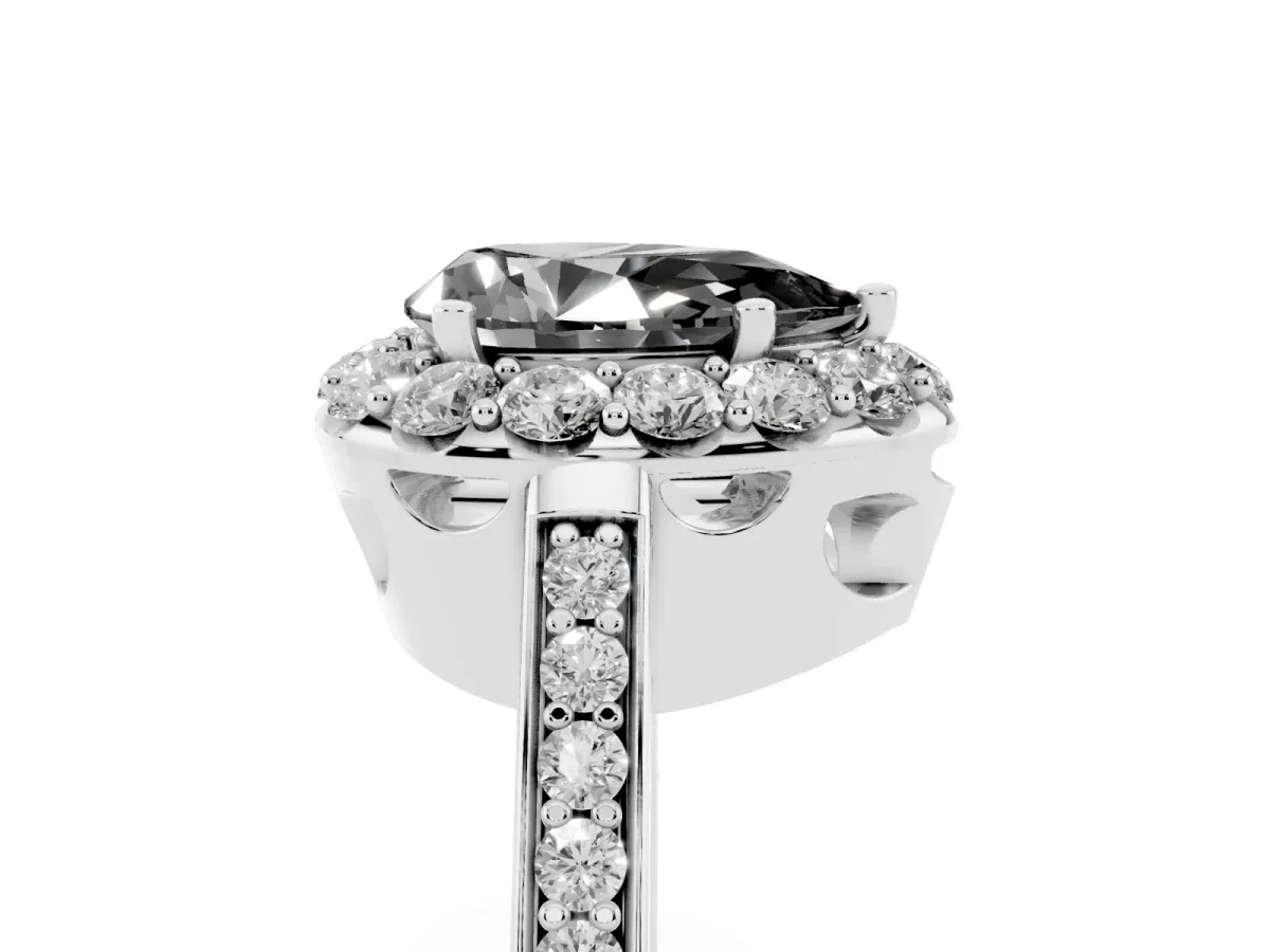 Fancy Black Pear Cut Diamond Floral Halo Ring with Pavé Band and Prong Setting Silver