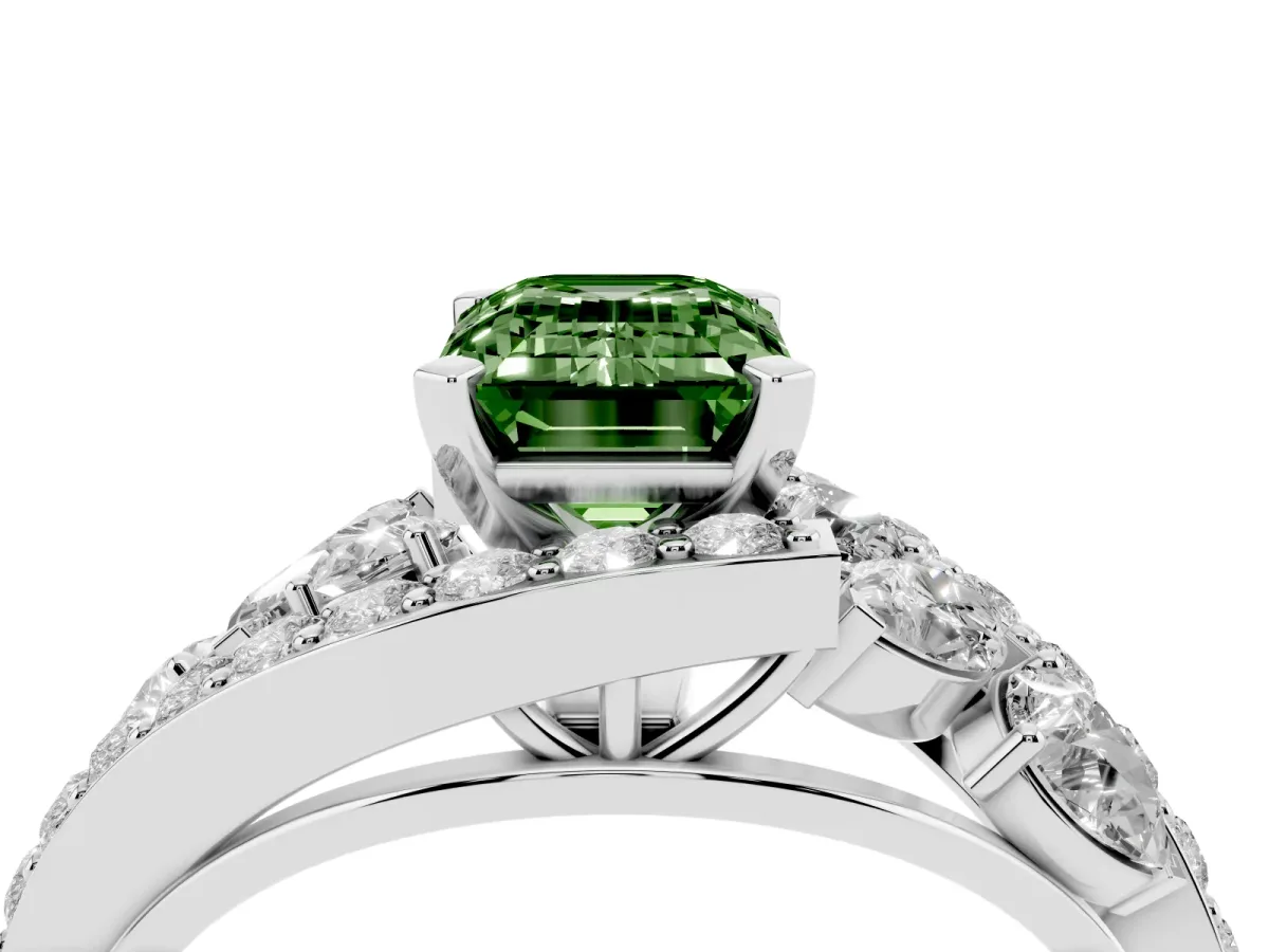 Fancy Green Emerald Cut Diamond Halo Ring with Marquise and Pavé Band in Prong Setting Silver