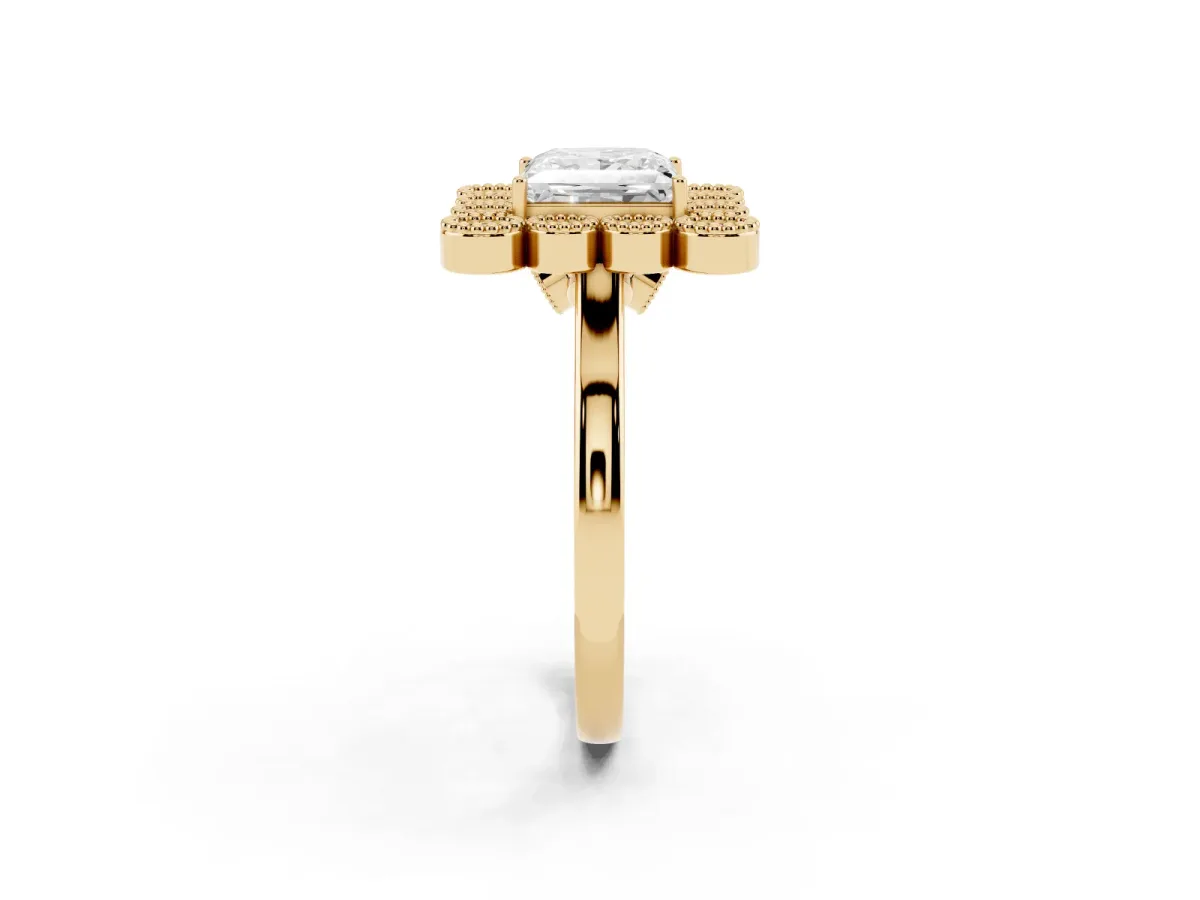 Princess Cut Halo Diamond Cluster Engagement Ring with Milgrain Bezel Setting and Solitaire Band Yellow gold