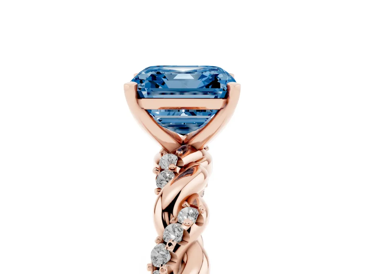 Fancy Blue Asscher Cut Diamond Solitaire Ring with Twisted Band and Pavé Accents Rose gold