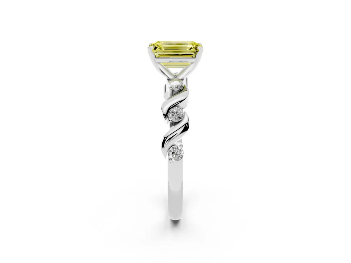 Fancy Yellow Emerald Cut Diamond Solitaire Twisted Band with Round Accents and Prong Setting Silver