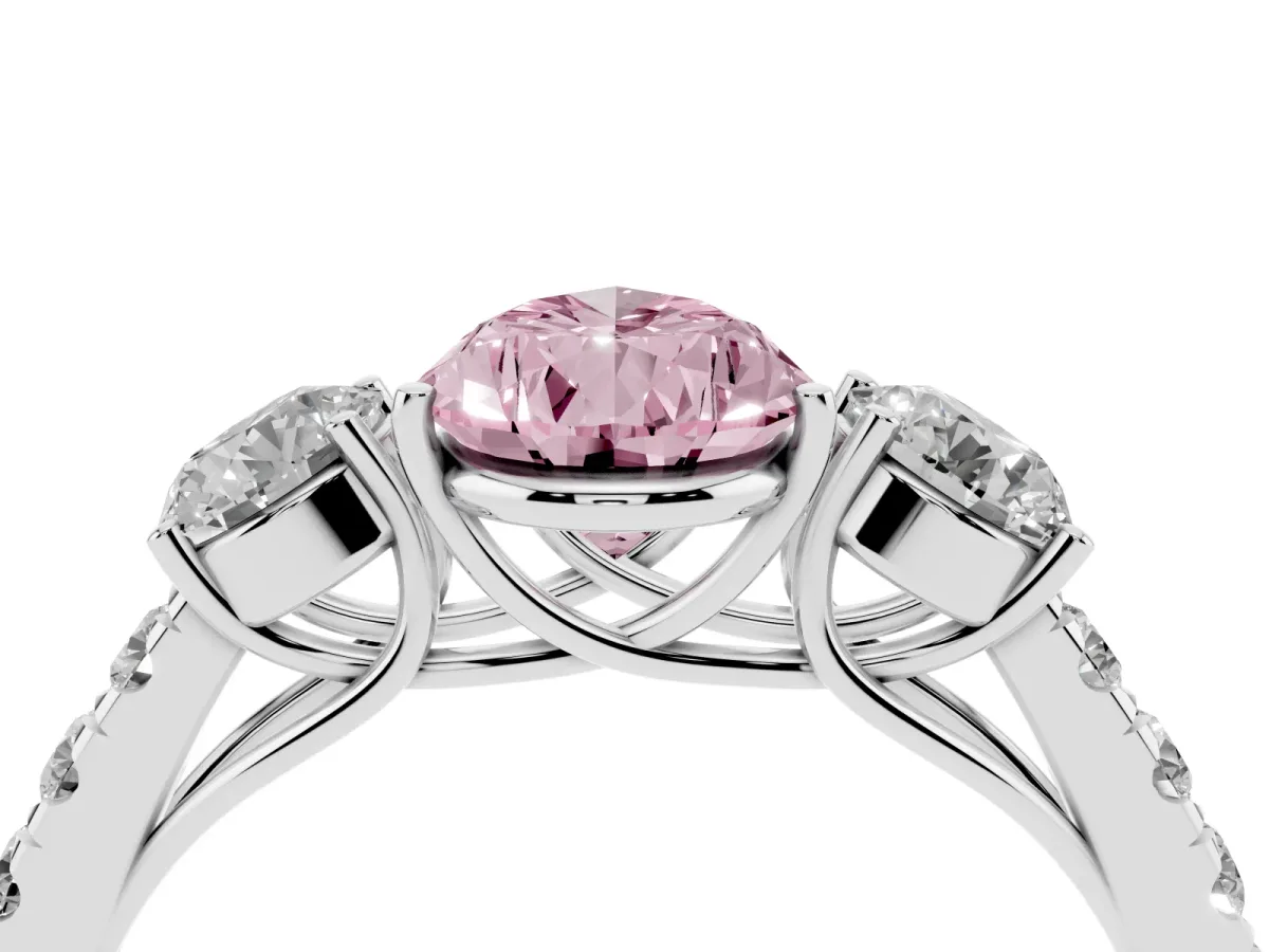 Fancy Pink Pear Cut Cut Diamond Three-Stone Ring with Round Side Stones and Pavé Band Platinum