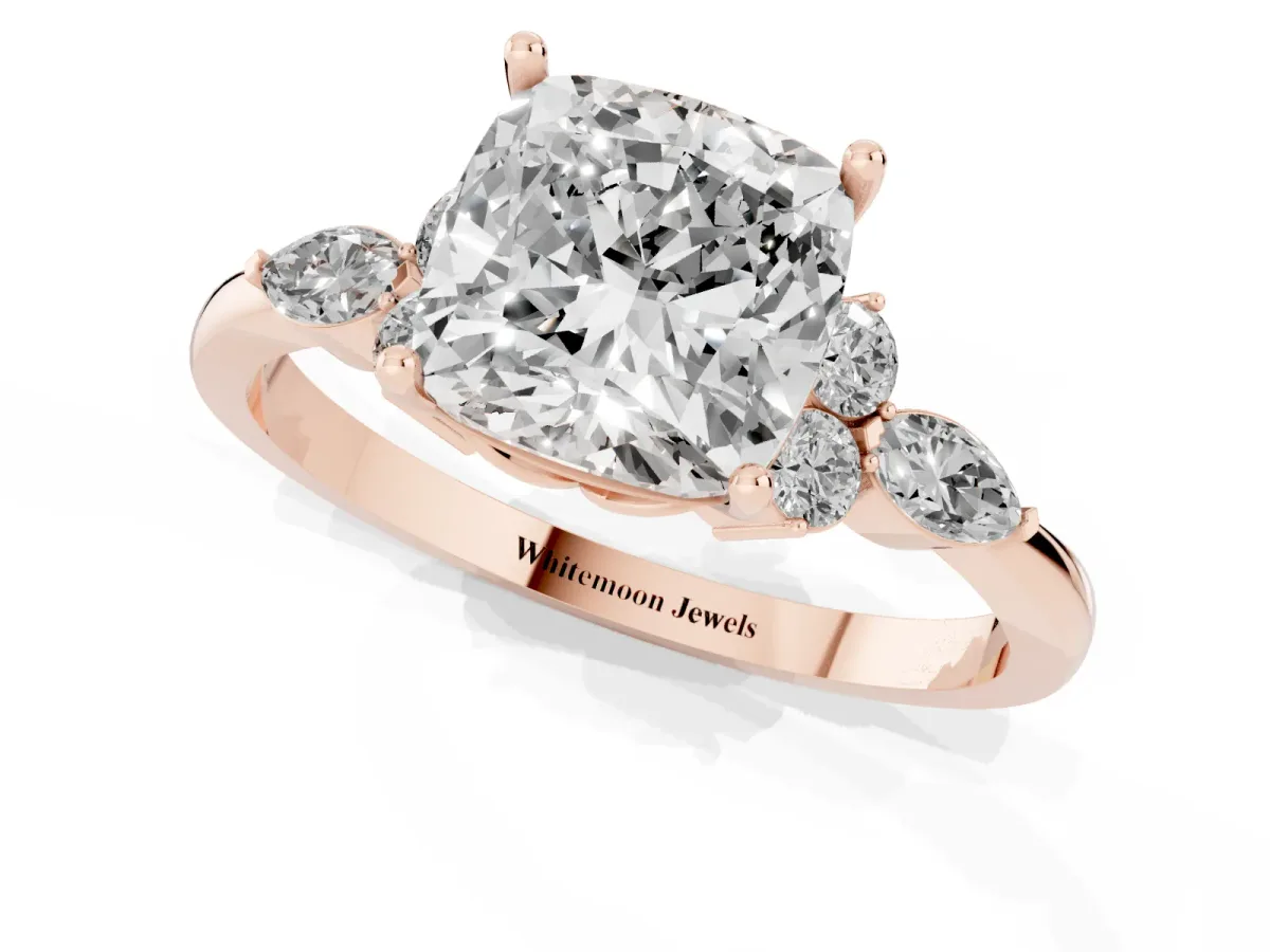 Cushion Cut Brilliant Diamond Solitaire Ring with Pear Side Stones and Four-Prong Setting Rose gold