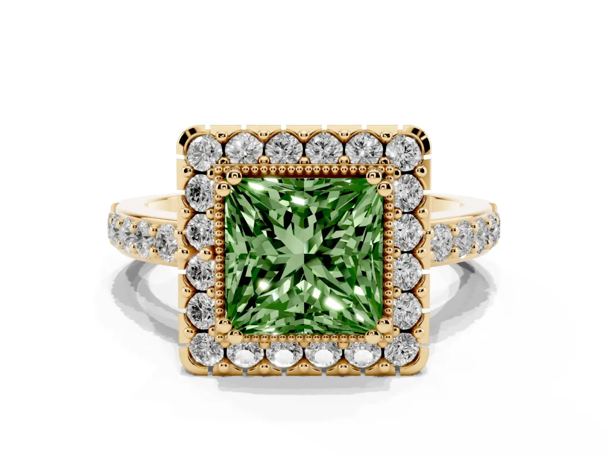 Fancy Green Princess Cut Diamond Halo Ring with Pavé Band and Prong Setting Yellow gold