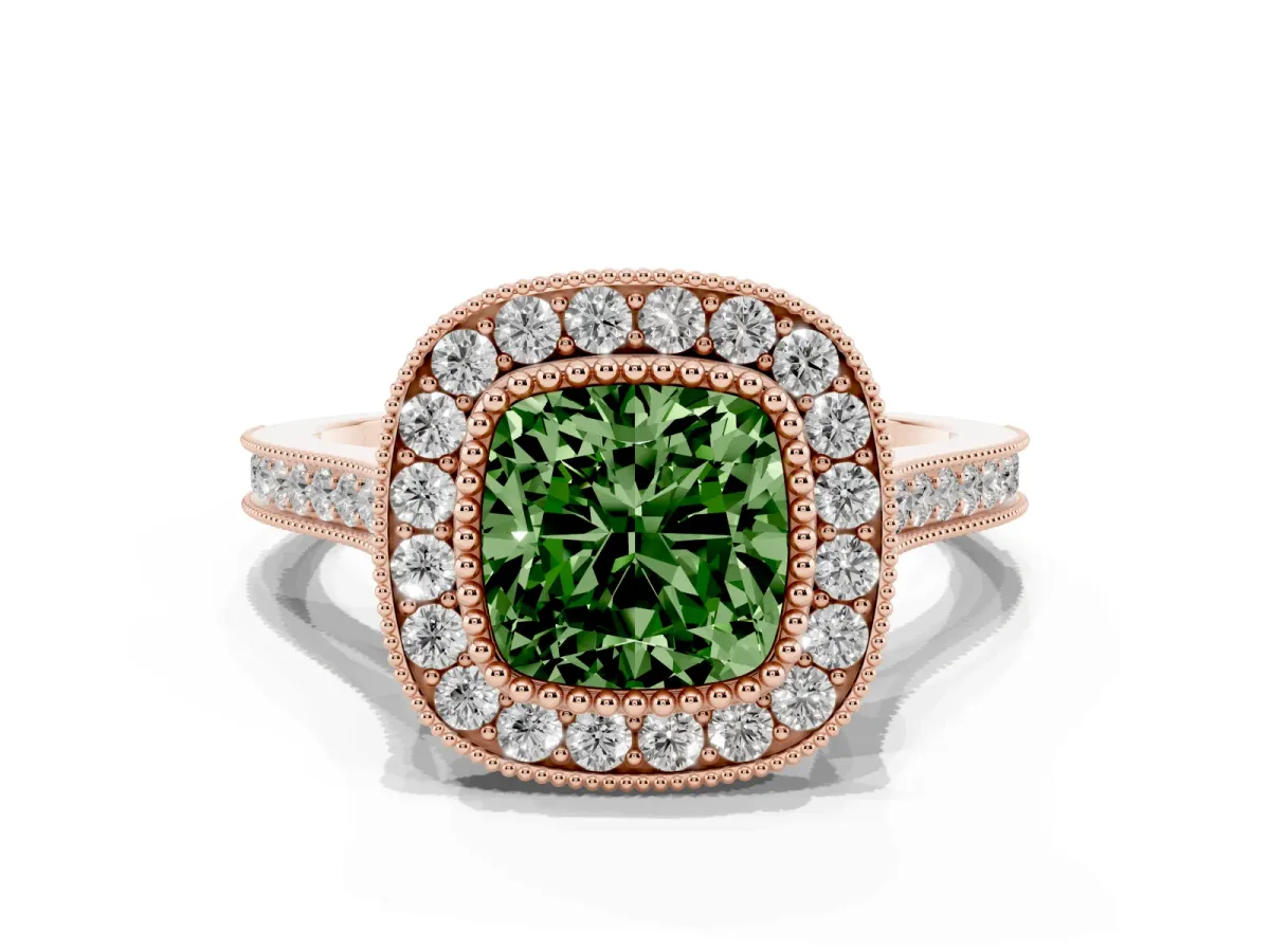 Fancy Green Cushion Cut Diamond Halo Ring with Milgrain Frame and Pavé Band Rose gold