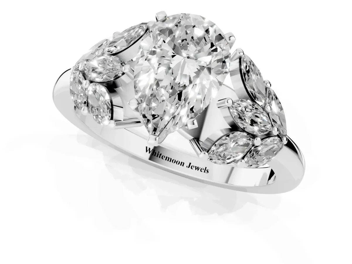 Pear Cut Diamond Cluster Leaf Design Ring with Prong Setting Silver