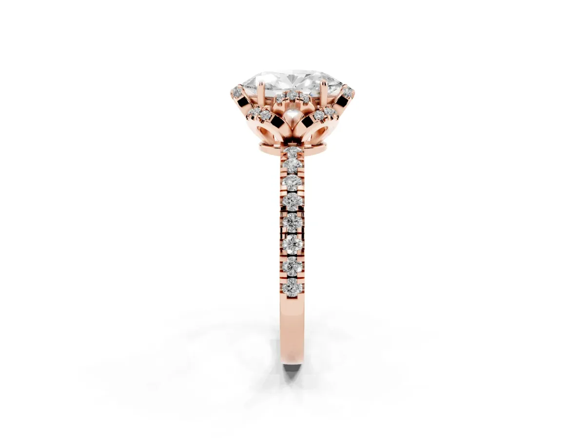 Oval Cut Halo Diamond Pave Band Ring with Four-Prong Setting Rose gold