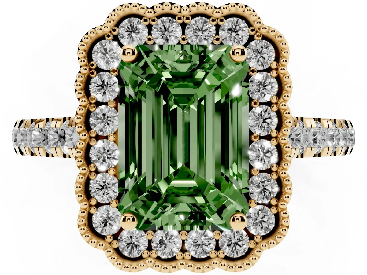 Fancy Green Emerald Cut Cut Diamond Milgrain Floral Halo Engagement Ring with Pavé Band Yellow gold