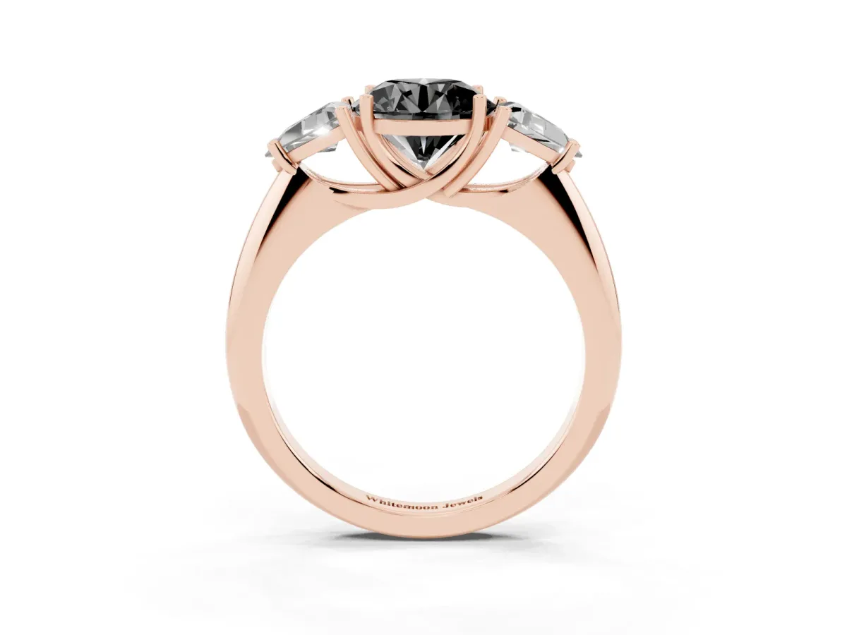 Fancy Black Three-Stone Round Cut Diamond Engagement Ring with Trillion Side Stones and Prong Setting Rose gold