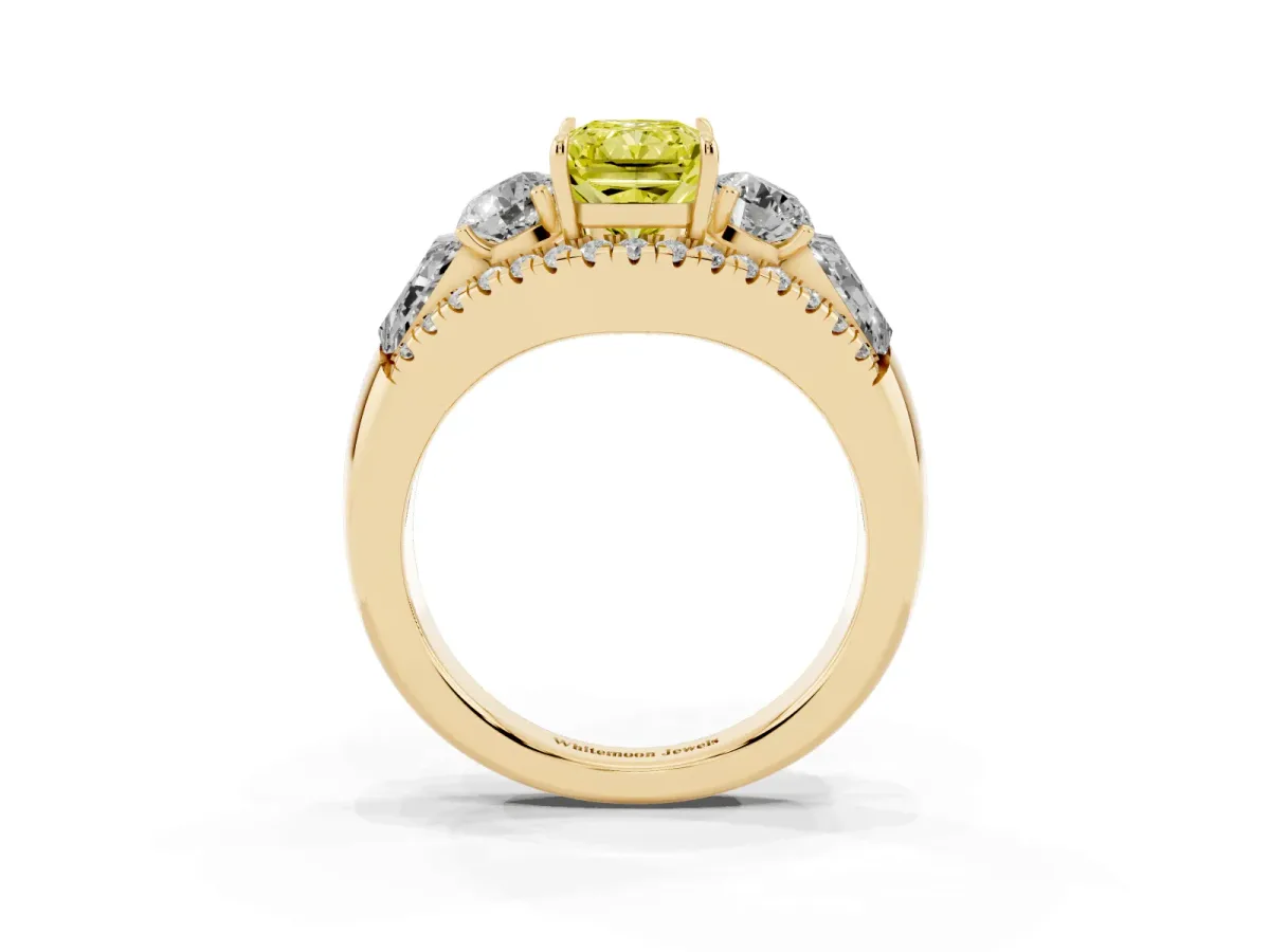 Fancy Yellow Three-Stone Radiant Cut Diamond Engagement Ring with Pave Band and Prong Setting Yellow gold