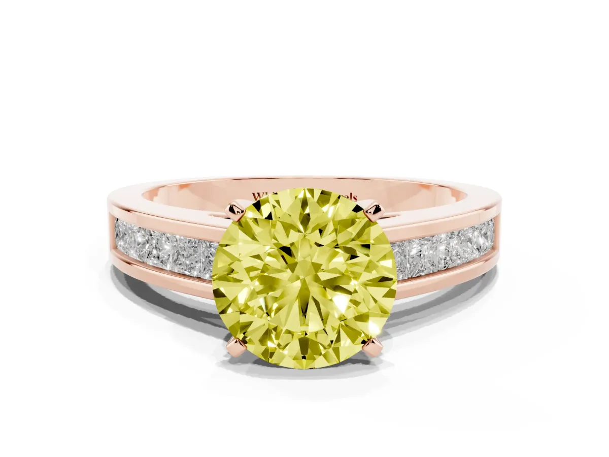 Fancy Yellow Round Cut Solitaire Diamond Ring with Channel-Set Band and Four-Prong Setting Rose gold