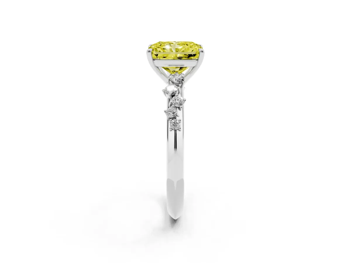Fancy Yellow Radiant Cut Diamond Cluster Side Stone Solitaire Ring with Prong Setting White gold