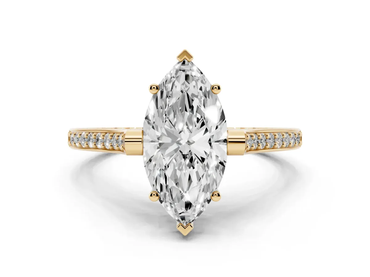 Marquise Cut Solitaire Diamond Ring with Channel Set Band and Bezel Prong Setting Yellow gold