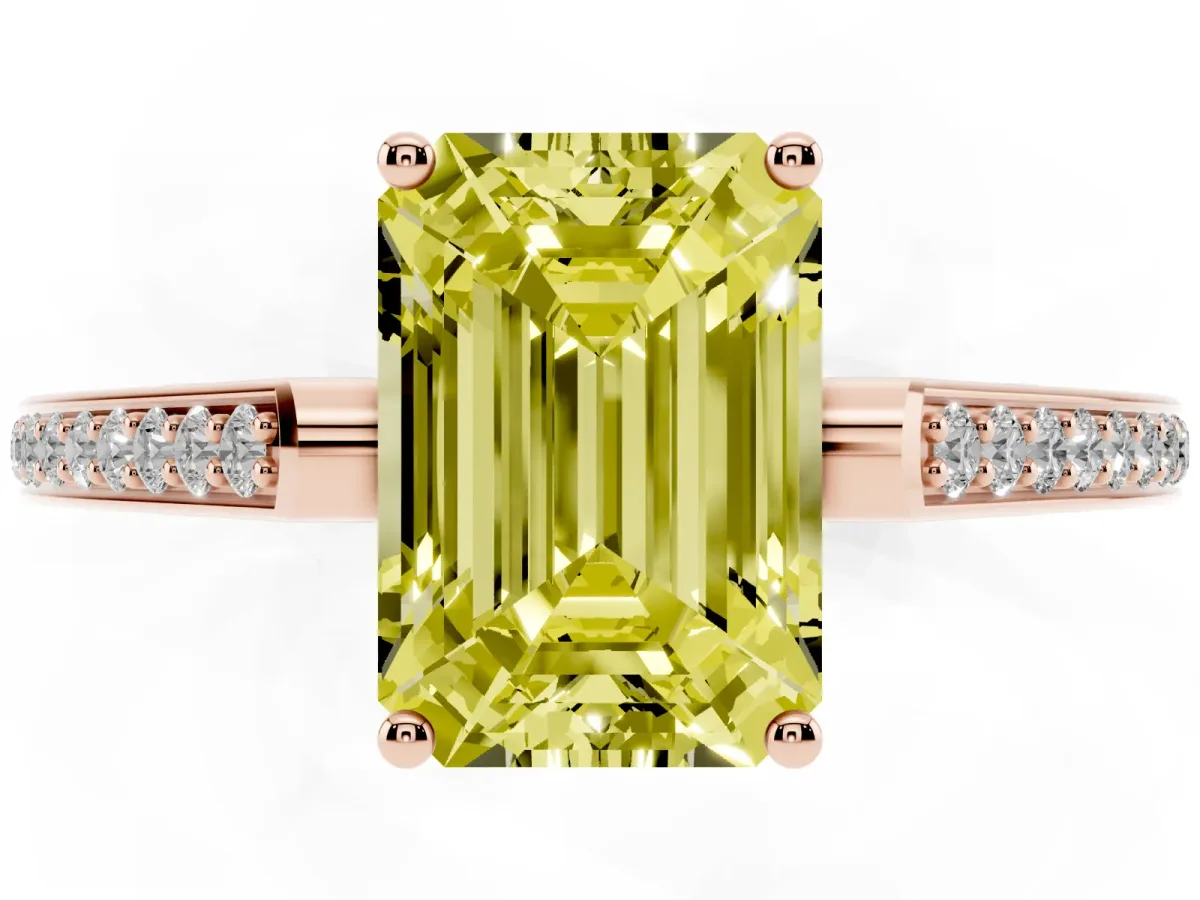 Fancy Yellow Emerald Cut Cut Cathedral Pave Diamond Engagement Ring with Six-Prong Setting Rose gold