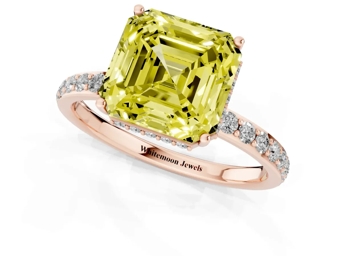 Fancy Yellow Asscher Cut Diamond Solitaire Ring with Pavé Band and Hidden Halo Rose gold