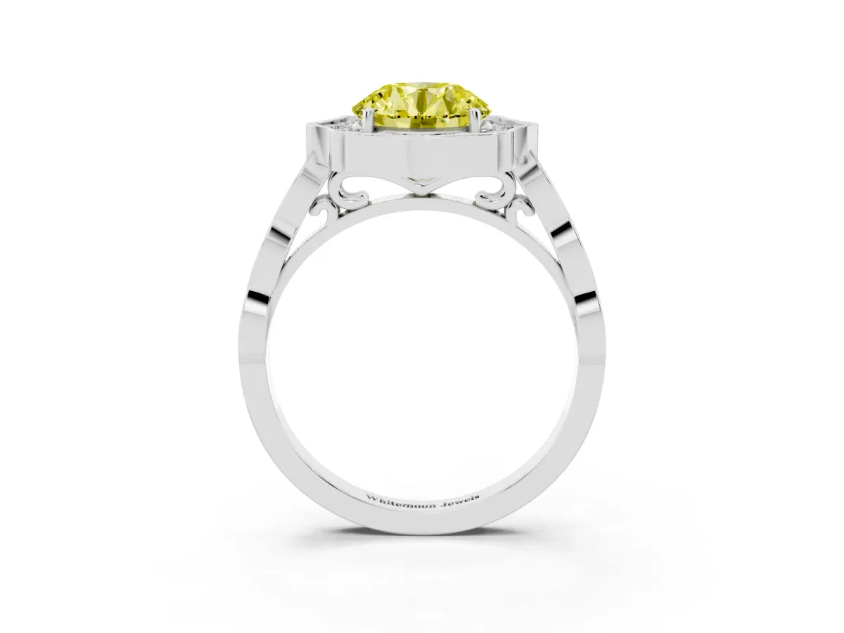 Fancy Yellow Round Cut Halo Diamond Engagement Ring with Milgrain Band and Four-Prong Setting White gold