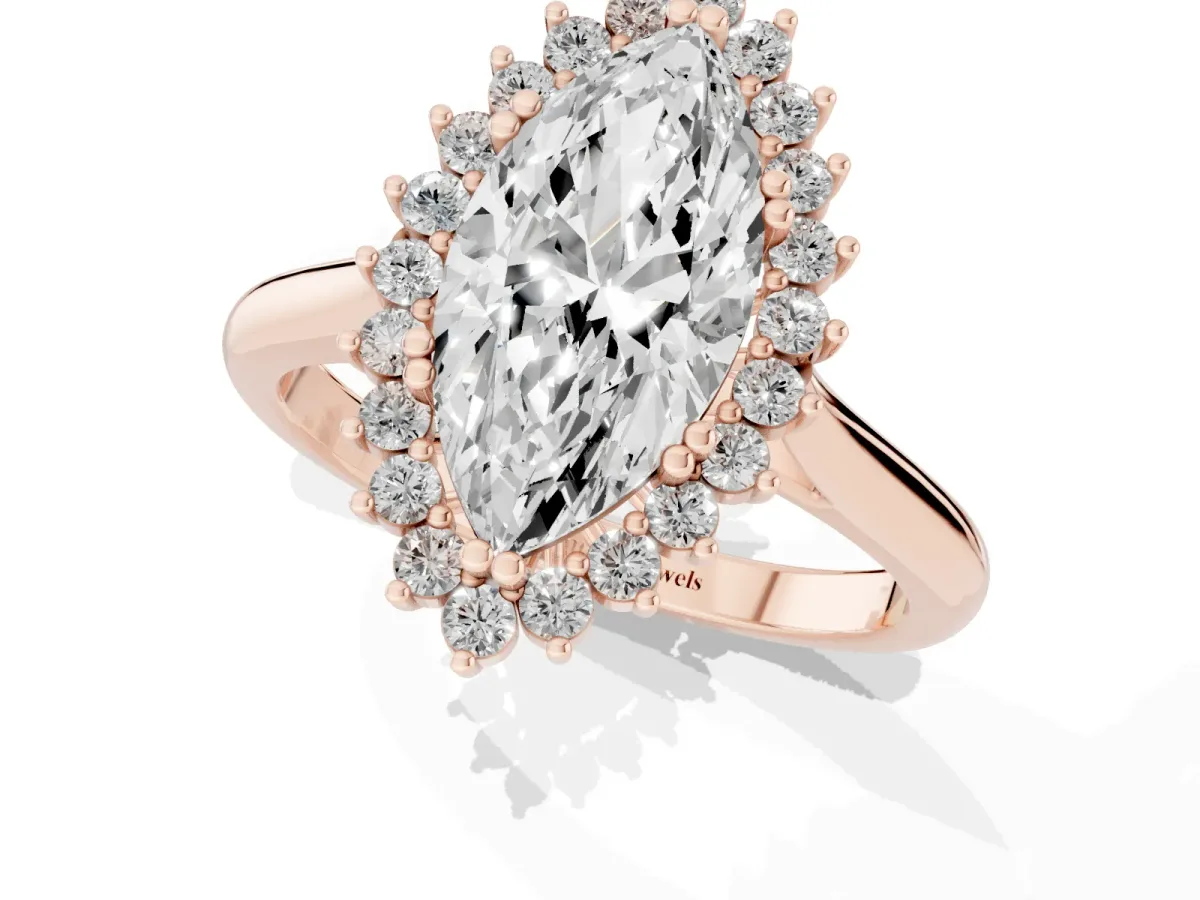 Marquise Cut Cut Diamond Halo Ring with Solitaire Band and Prong Setting Rose gold
