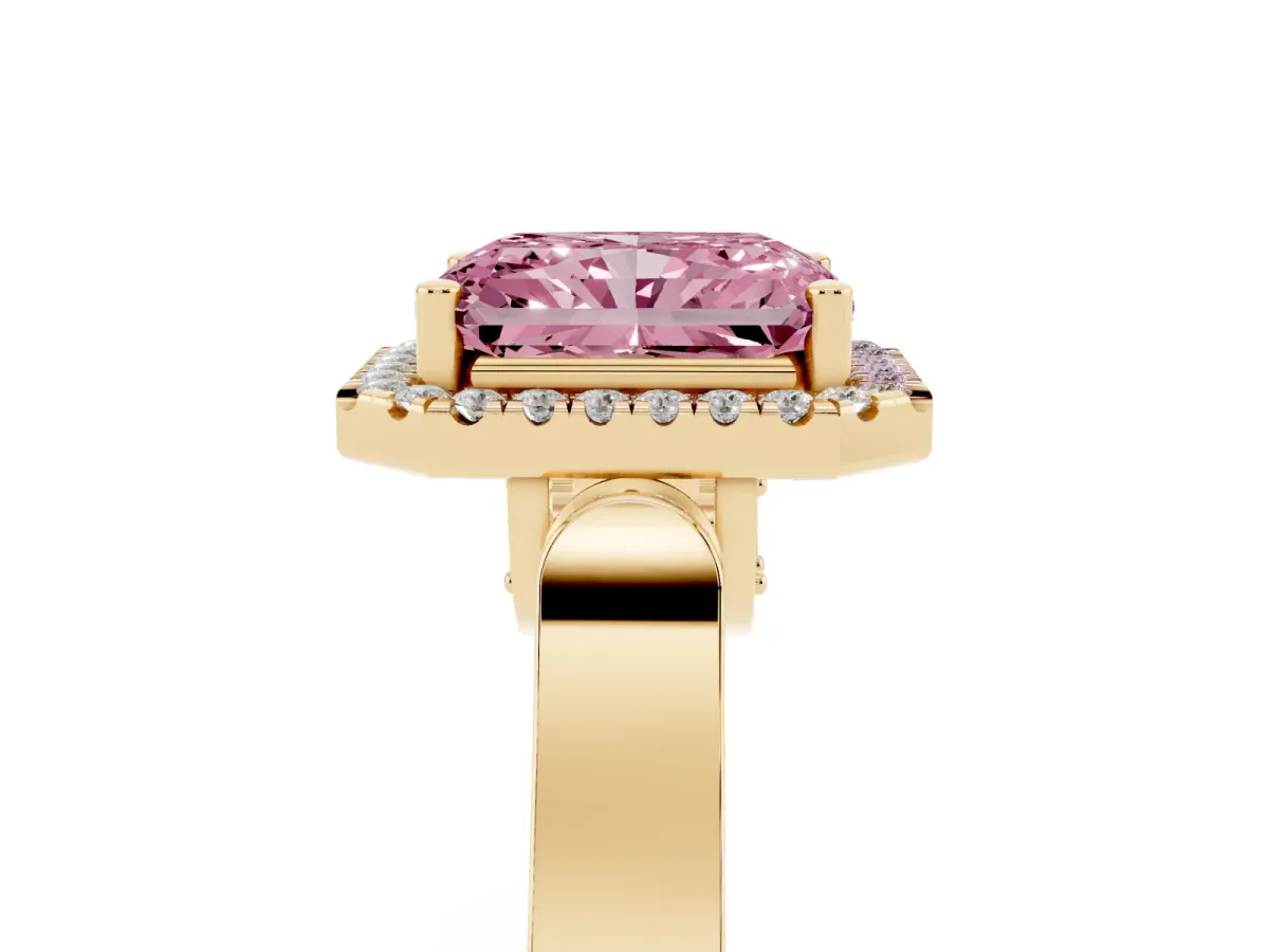 Fancy Pink Radiant Cut Halo Pave Split Shank Prong Setting Ring Yellow gold