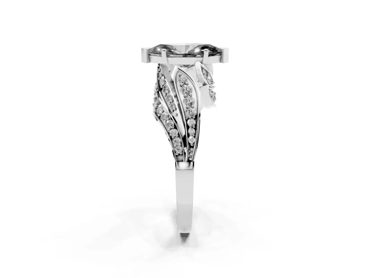 Fancy Black Marquise Cut Diamond Solitaire Ring with Prong Setting and Twisted Pavé Band Silver