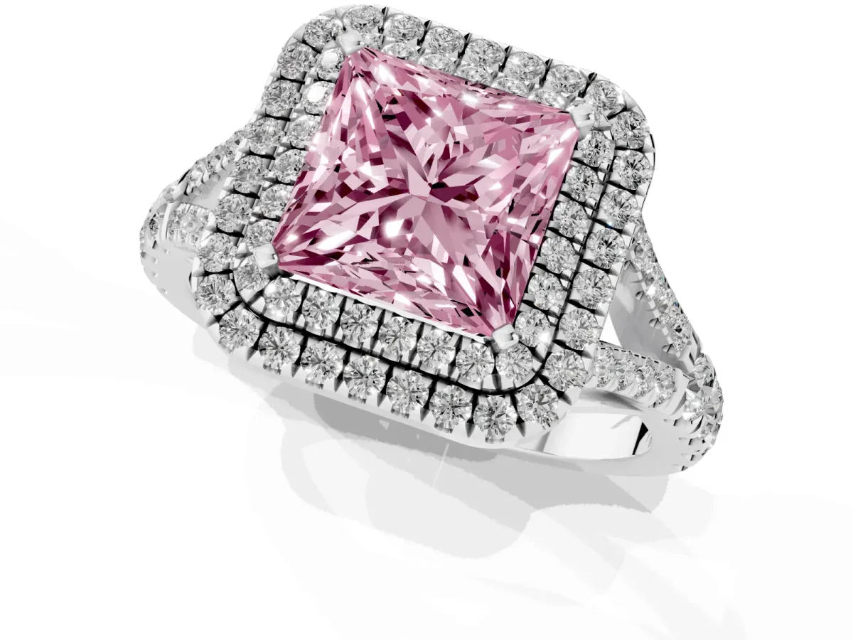 Fancy Pink Princess Cut Cut Double Halo Split Shank Diamond Ring with Prong Setting White gold