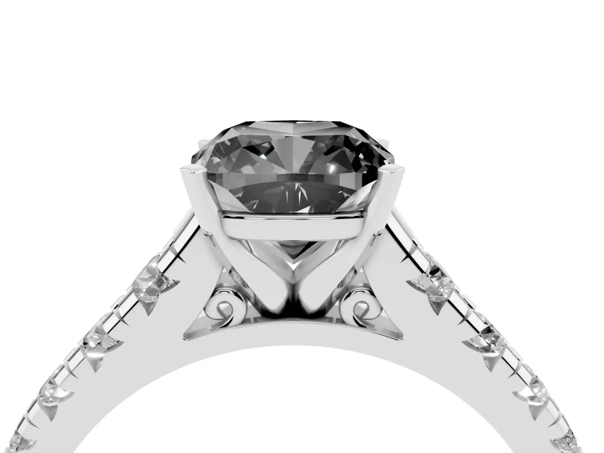Fancy Black Cushion Cut Diamond Cathedral Solitaire Ring with Round Pavé Band Silver