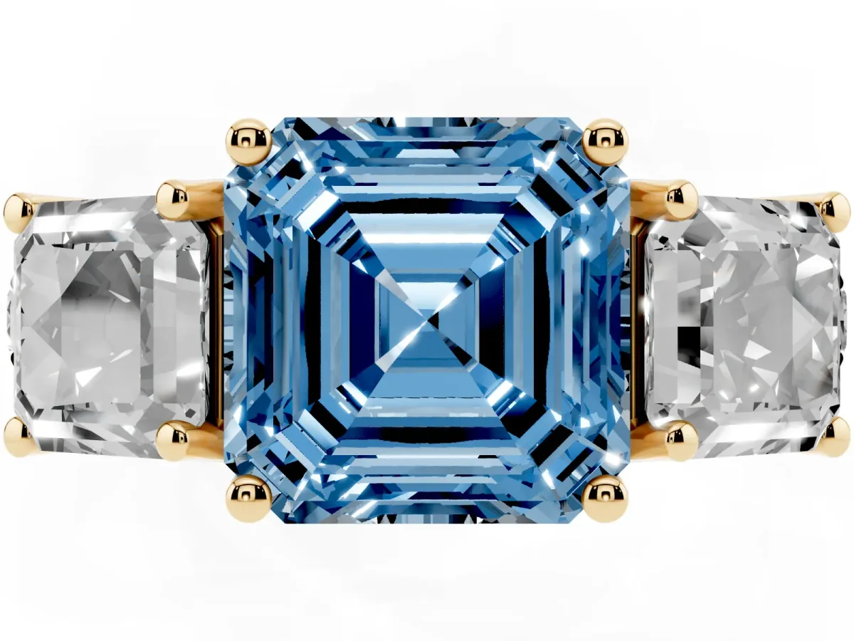 Fancy Blue Three-Stone Asscher Cut Diamond Pavé Band with Prong Setting Yellow gold