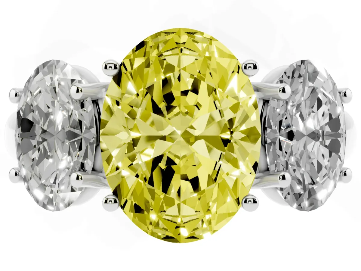 Fancy Yellow Three-Stone Oval Cut Diamond Engagement Ring with Prong Setting Platinum