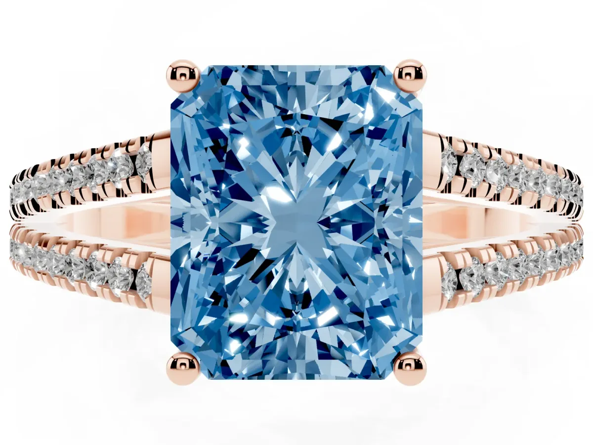 Fancy Blue Radiant Cut Diamond Solitaire Engagement Ring with Split Shank Pavé Band Rose gold