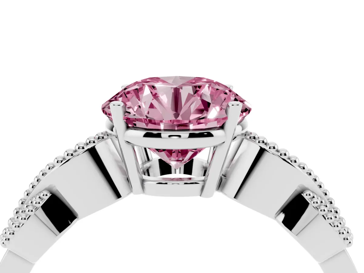 Fancy Pink Round Cut Solitaire Milgrain Leaf Band with Prong Setting Silver