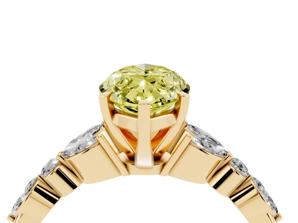 Fancy Yellow Marquise Cut Diamond Solitaire Ring with Side Stones and Four-Prong Setting Yellow gold