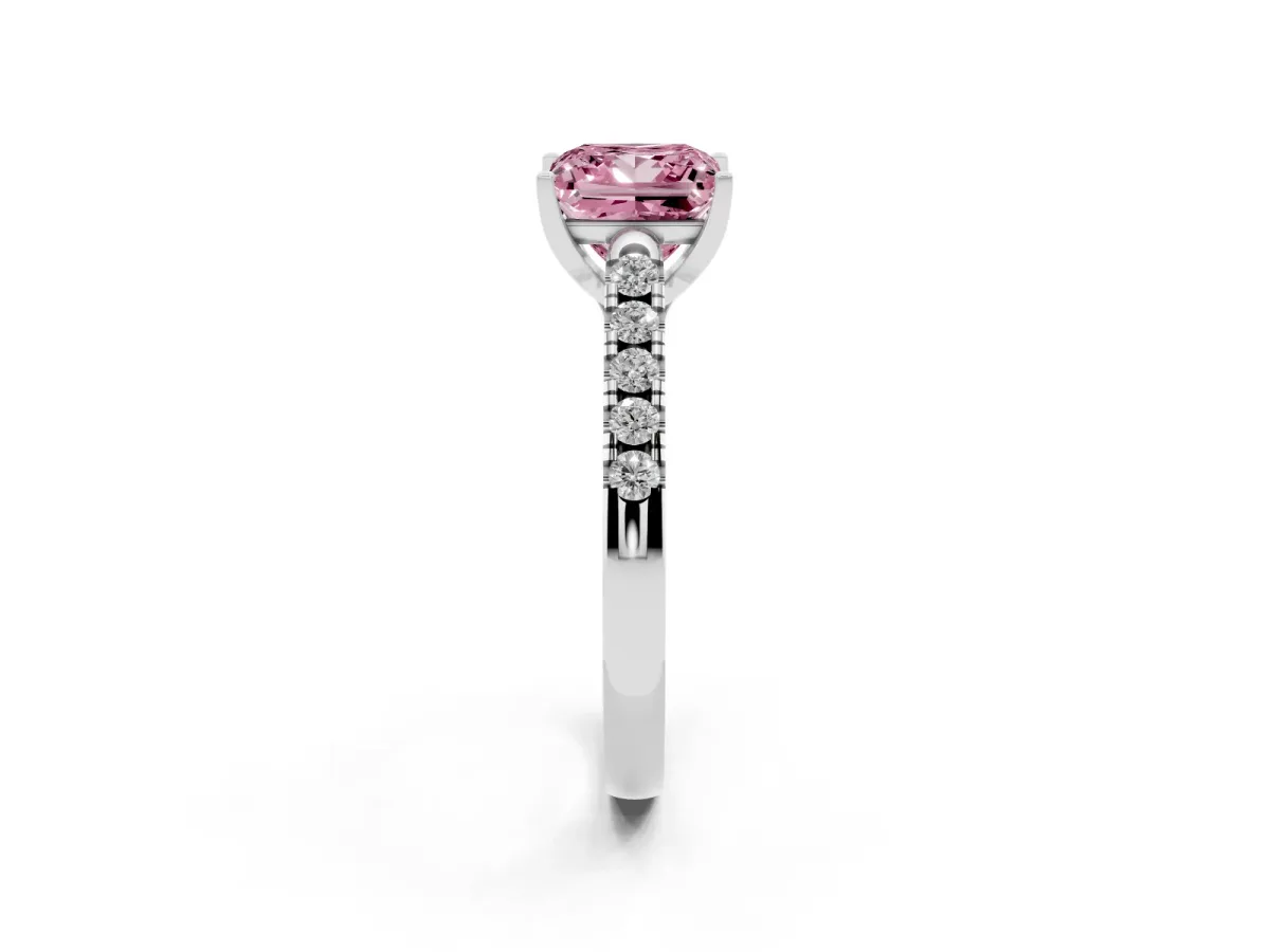 Fancy Pink Princess Cut Diamond Pavé Band Solitaire Ring with Prong Setting Platinum