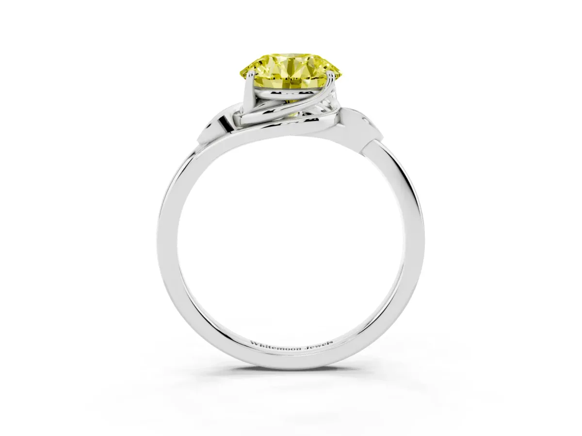 Fancy Yellow Round Cut Diamond Solitaire Ring with Twist Band and Four-Prong Setting Silver