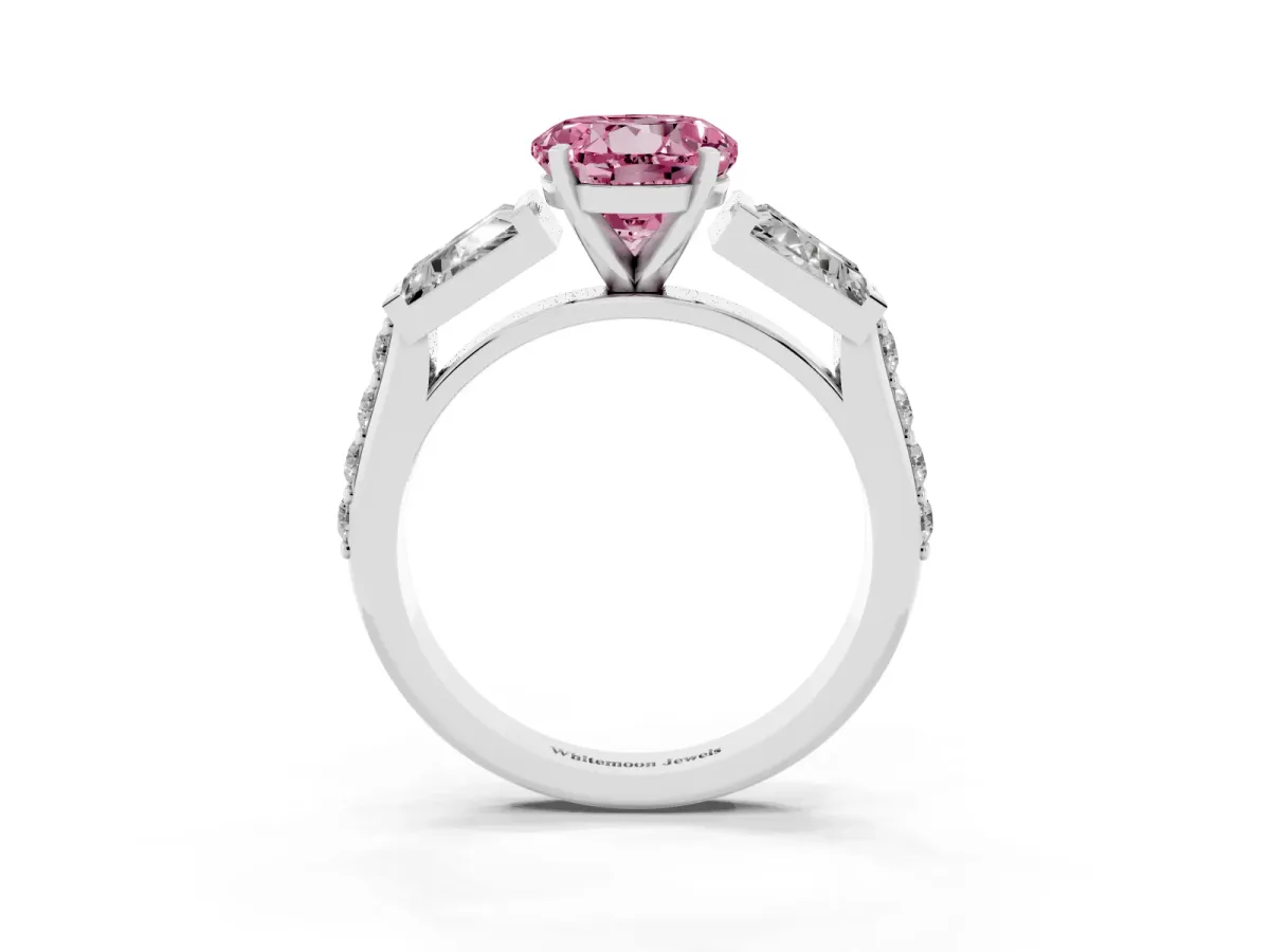 Fancy Pink Round Cut Diamond Engagement Ring with Baguette Side Stones and Channel Set Band Silver