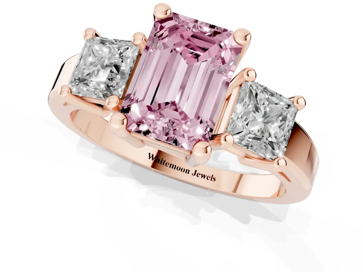 Fancy Pink Three-Stone Emerald Cut Cut Solitaire Ring with Prong Setting Rose gold