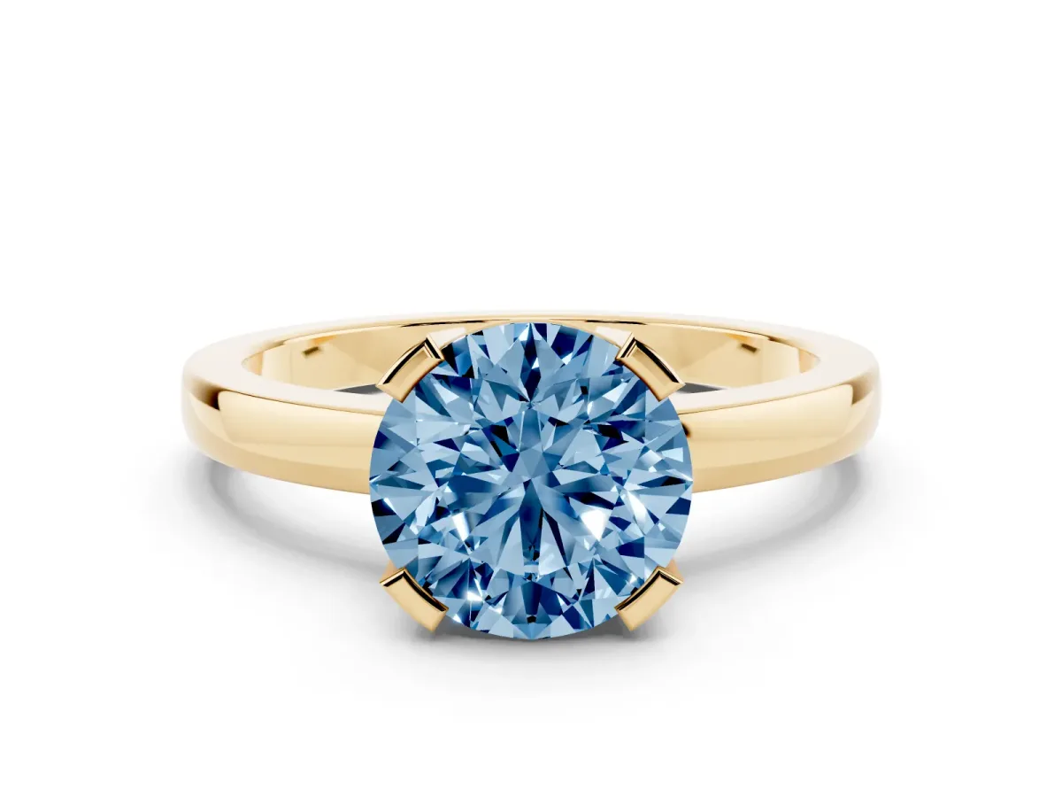 Fancy Blue Round Cut Cut Solitaire Ring with Four-Prong Setting and Classic Band Yellow gold