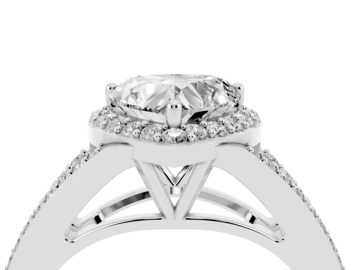 Heart Cut Halo Split Shank Pave Diamond Ring with Four-Prong Setting Silver