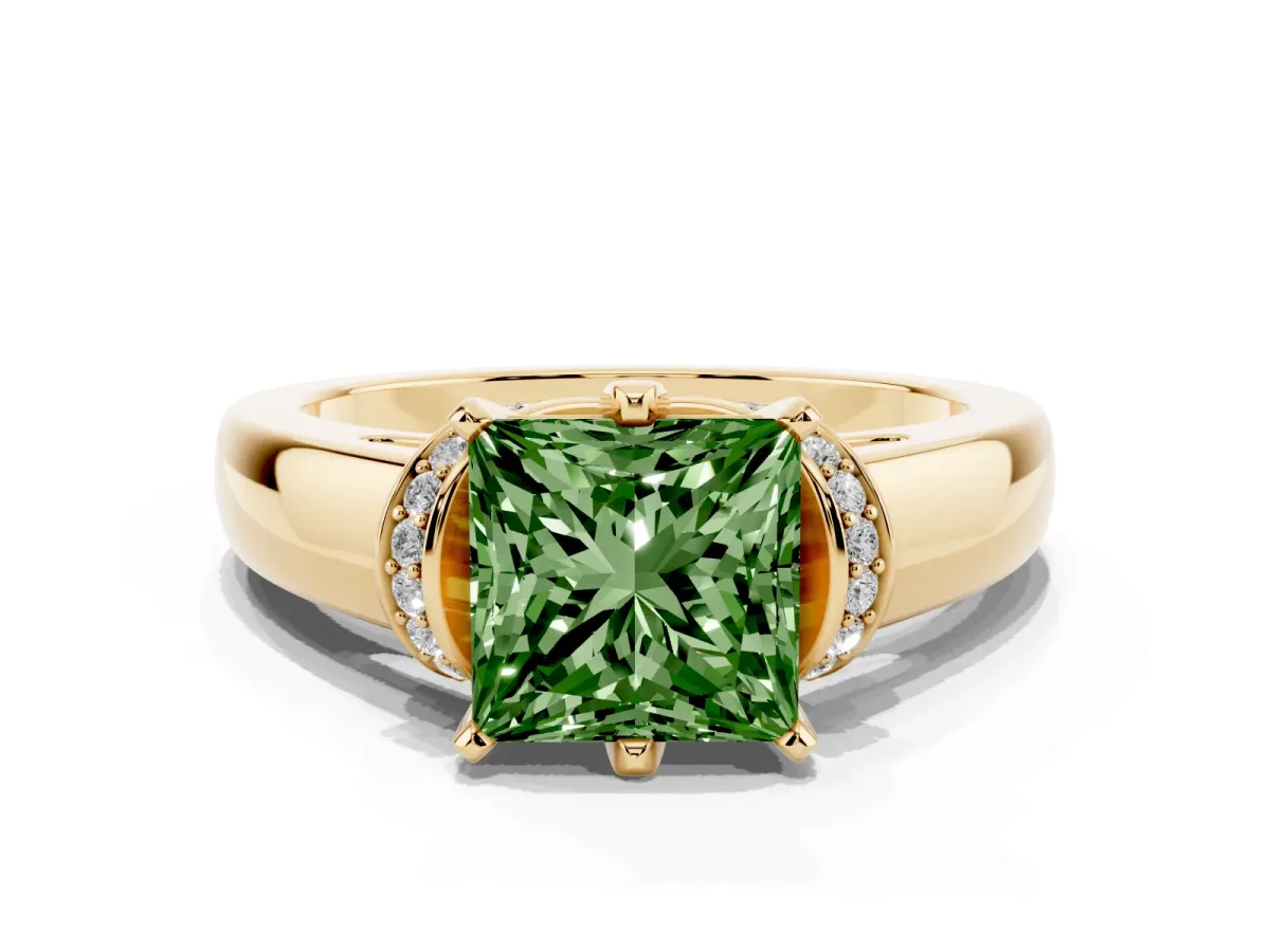 Fancy Green Princess Cut Solitaire Diamond Ring with Pave Band and Six-Prong Setting Yellow gold