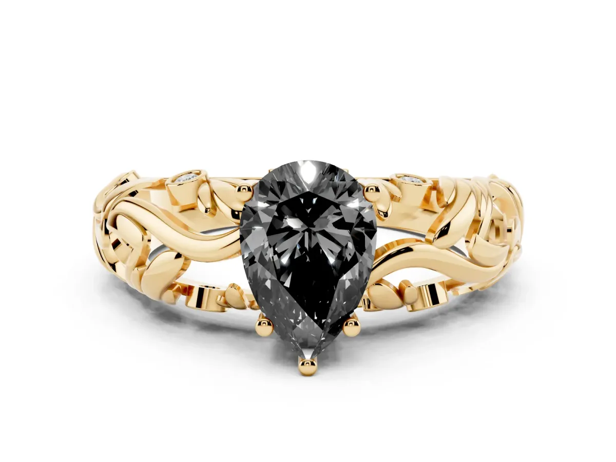 Fancy Black Pear Cut Solitaire Diamond Leaf-Inspired Vine Band Ring with Prong Setting Yellow gold