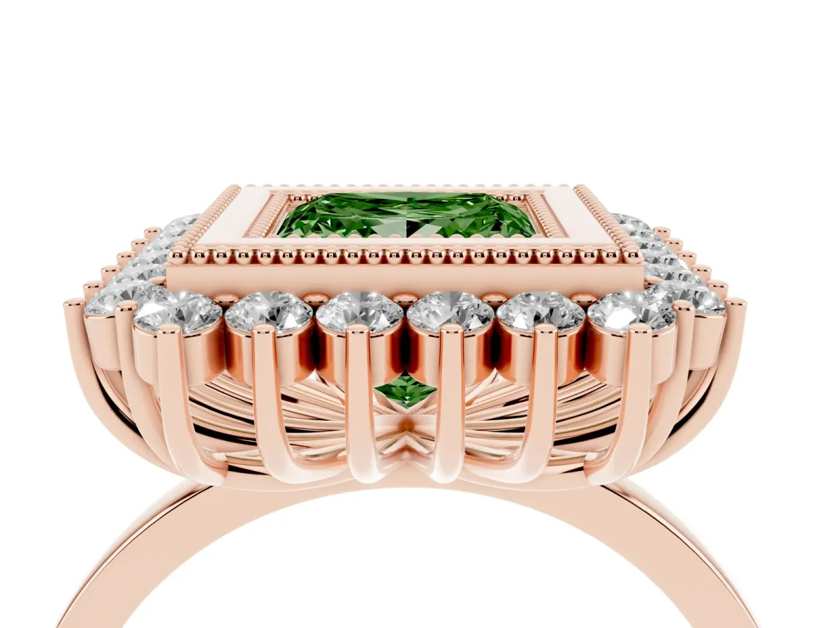 Fancy Green Princess Cut Halo Diamond Ring with Milgrain Edge and Round Prong Setting Rose gold