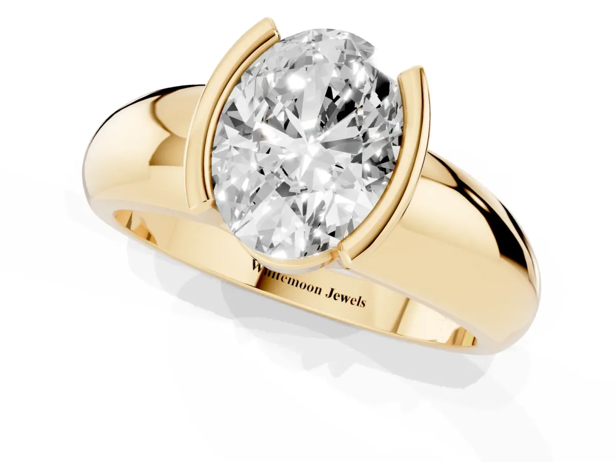 Oval Cut Solitaire Tension Set Diamond Ring with Wide Band Yellow gold