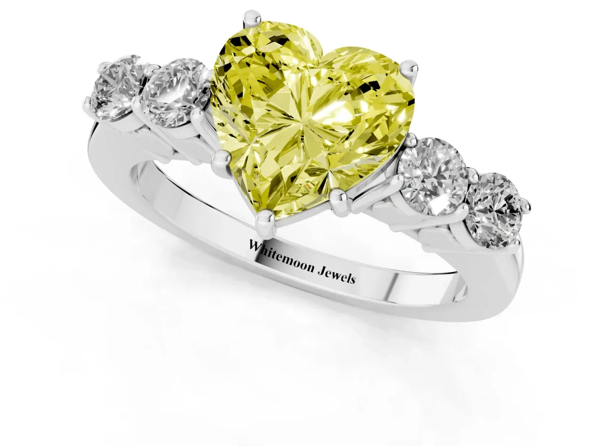 Fancy Yellow Heart Cut Cut Diamond Five-Stone Prong Set White Gold Ring Platinum