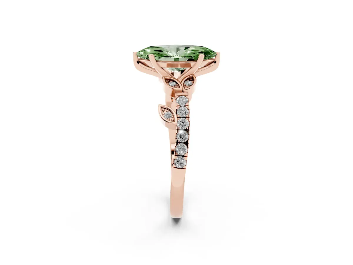 Fancy Green Marquise Cut Solitaire Leaf-Inspired Diamond Ring with Pavé Band and Four-Prong Setting Rose gold