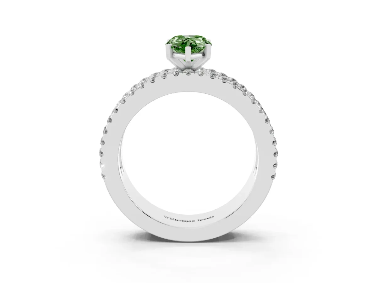 Fancy Green Pear Cut Diamond Solitaire Ring with Pavé and Channel Set Band Silver