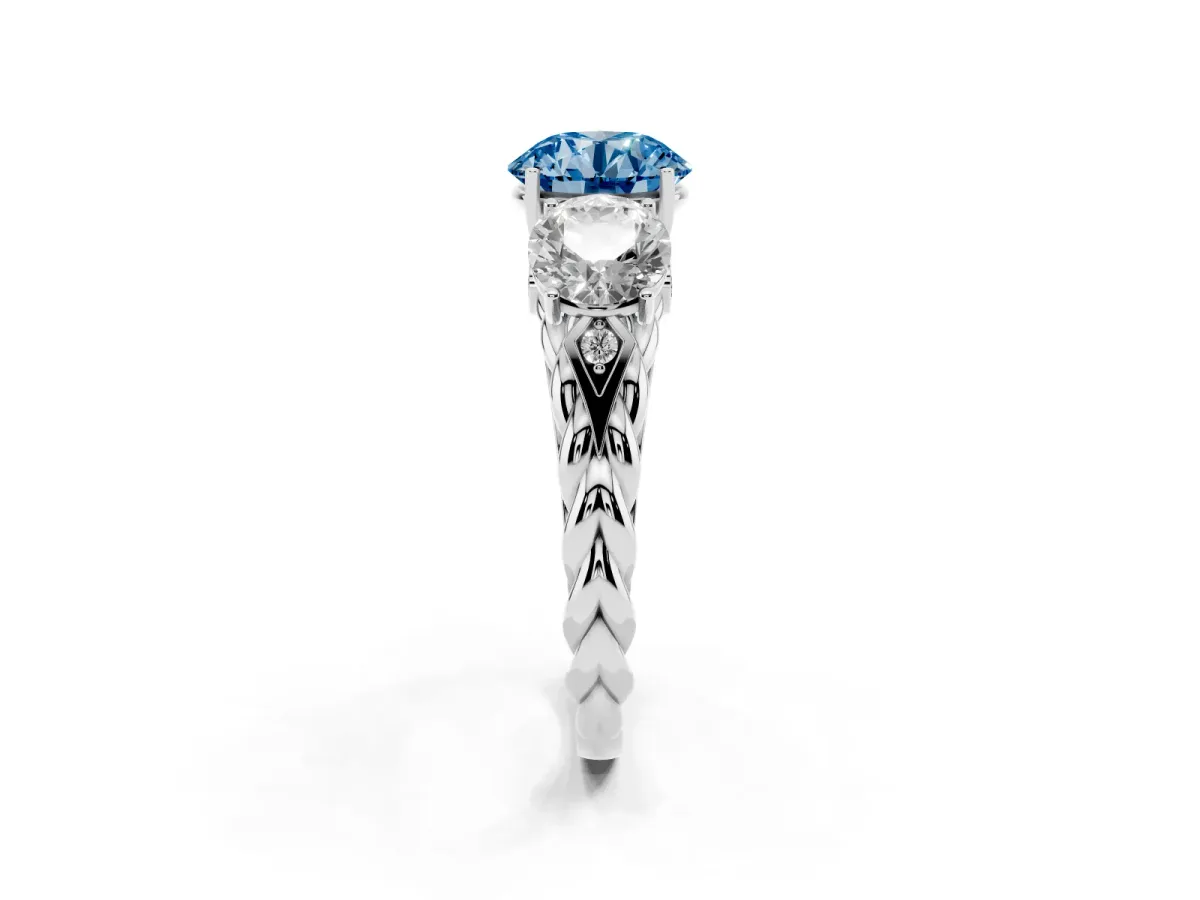 Fancy Blue Three-Stone Round Cut Diamond Braided Band Ring with Four-Prong Setting Platinum
