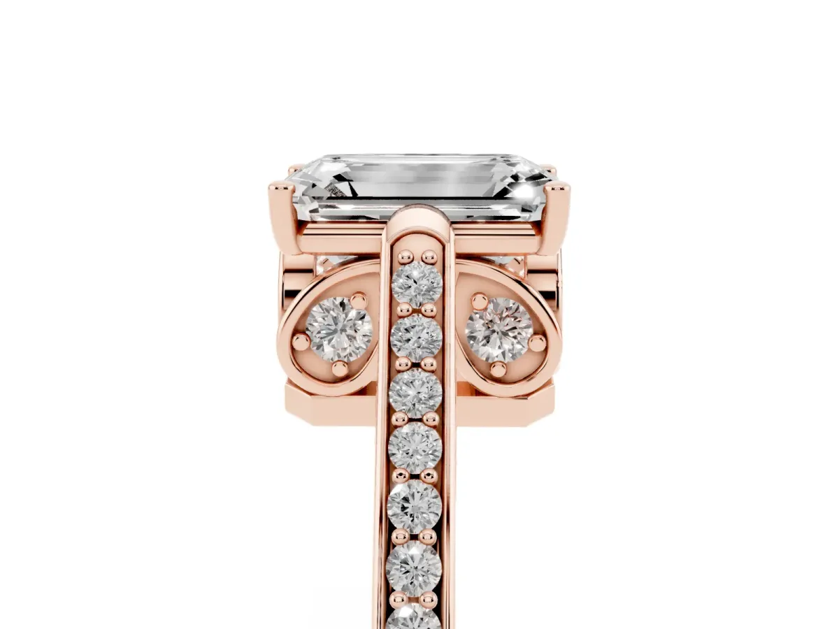 Emerald Cut Cut Cathedral Pave Diamond Engagement Ring with Six-Prong Setting Rose gold