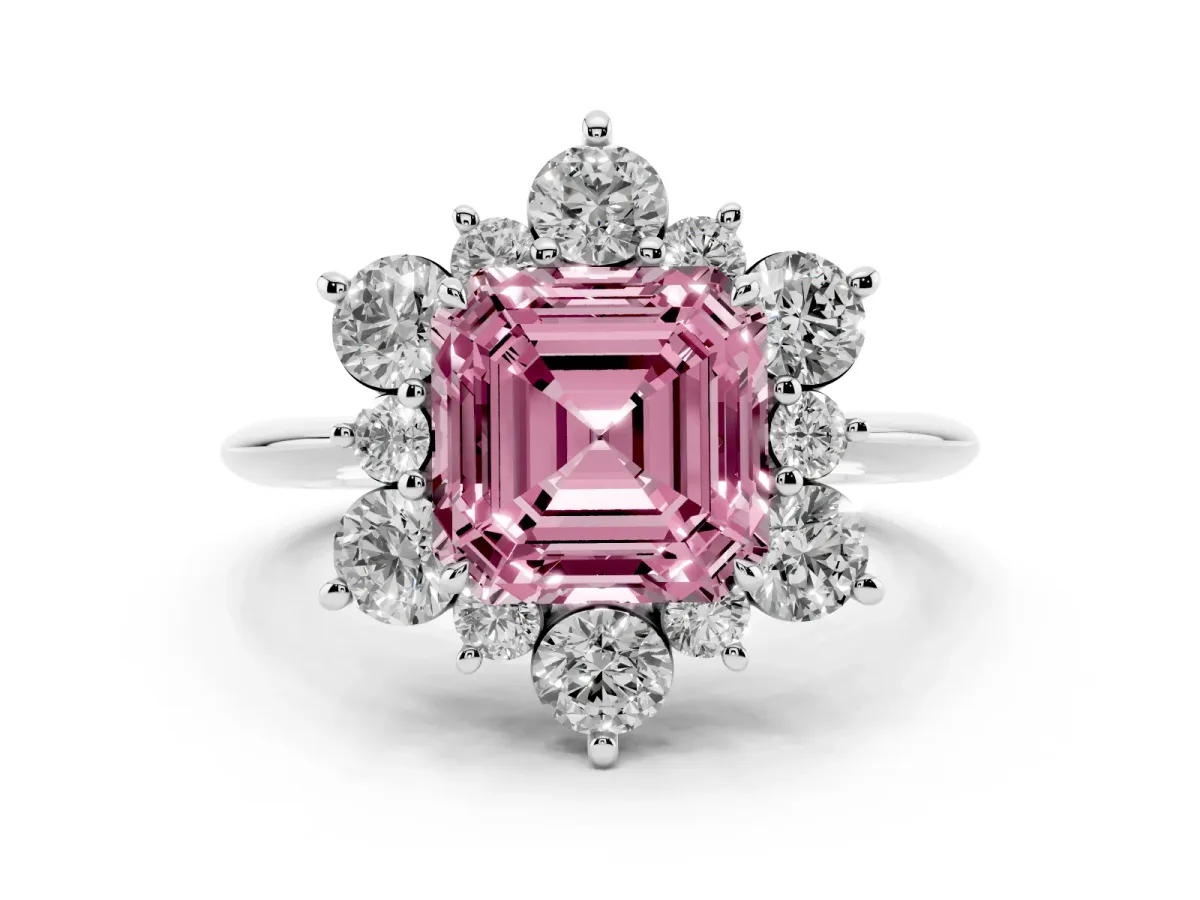Fancy Pink Asscher Cut Diamond Cluster Halo Ring with Solitaire Band and Four-Prong Setting Silver