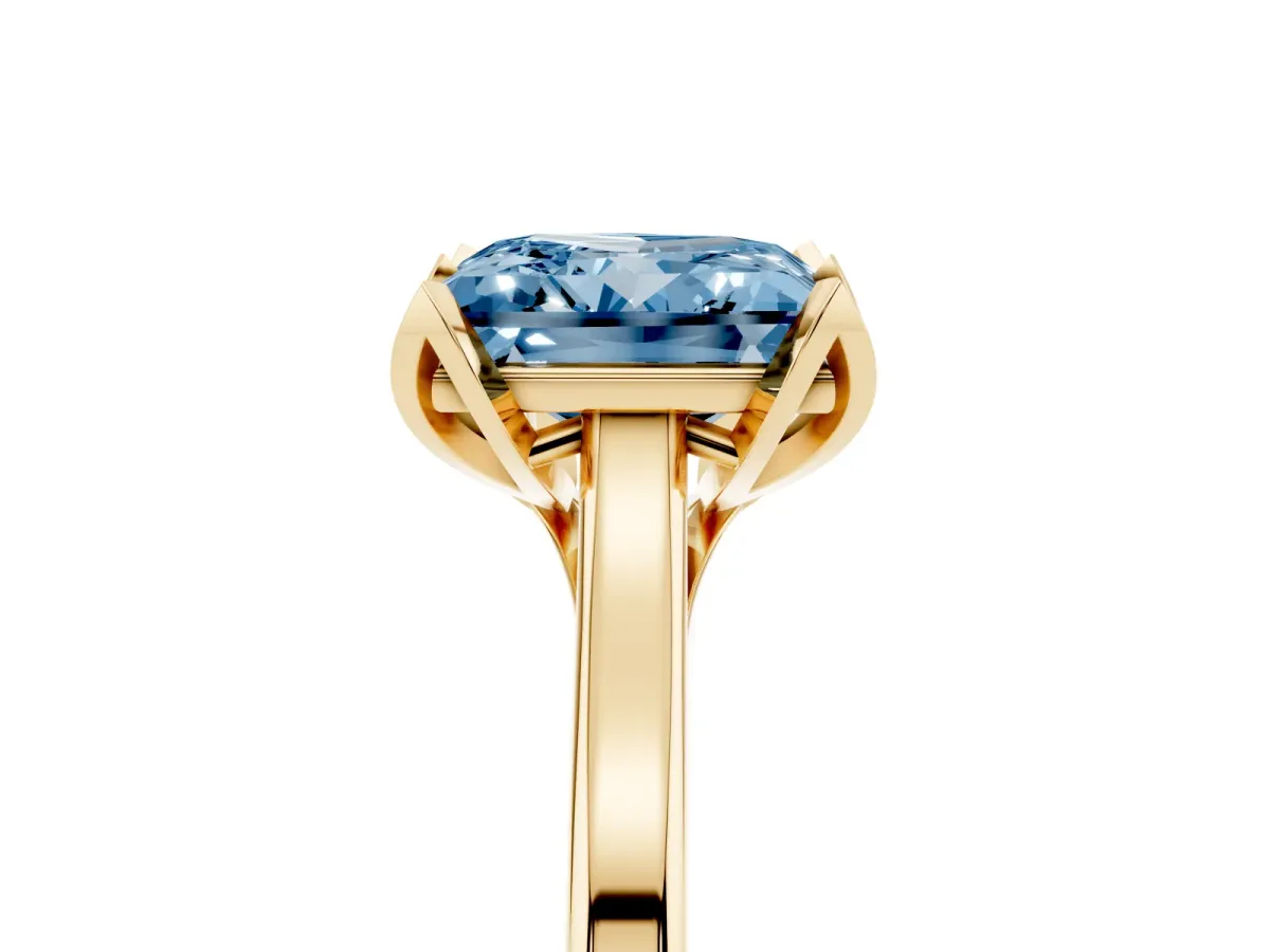 Fancy Blue Princess Cut Diamond Solitaire Ring with Flower Prong Setting and Classic Band Yellow gold