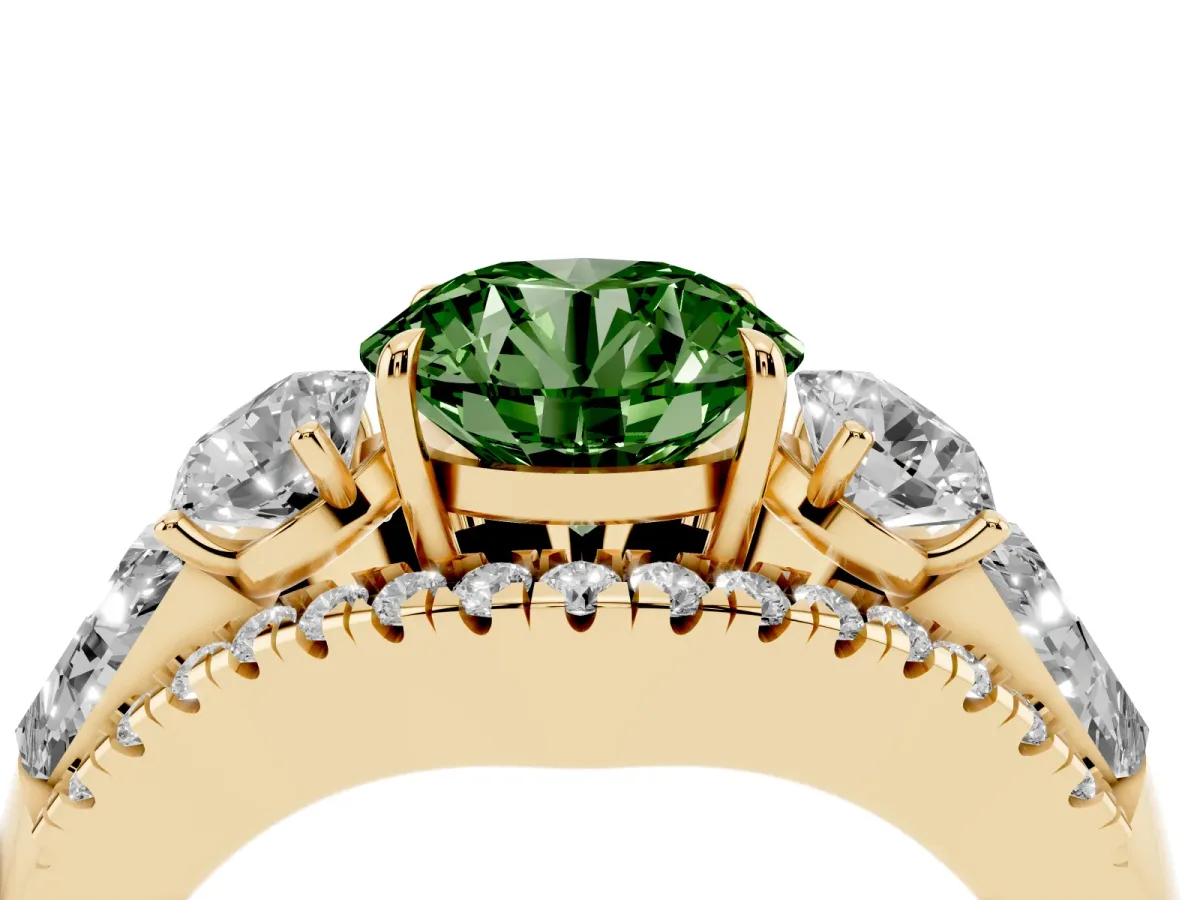 Fancy Green Three-Stone Round Cut Diamond Engagement Ring with Pave Band and Prong Setting Yellow gold