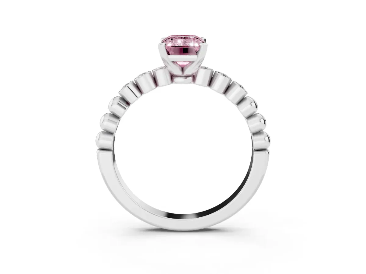 Fancy Pink Emerald Cut Solitaire Bezel Accent Diamond Engagement Ring with Beaded Band and Four-Prong Setting Silver