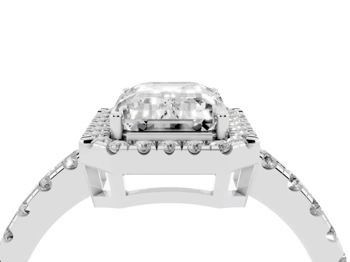Emerald Cut Diamond Halo Ring with Pavé Band and Four-Prong Setting Silver